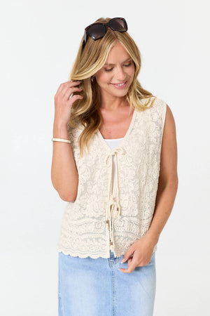 Ivory | Embroidered Texture Tie Front Vest Top