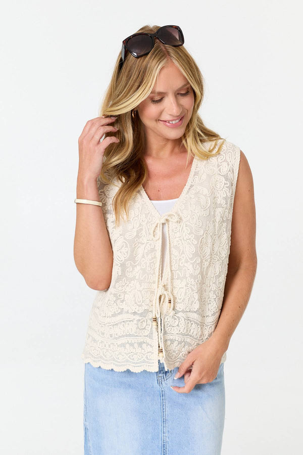 Ivory | Embroidered Texture Tie Front Vest Top