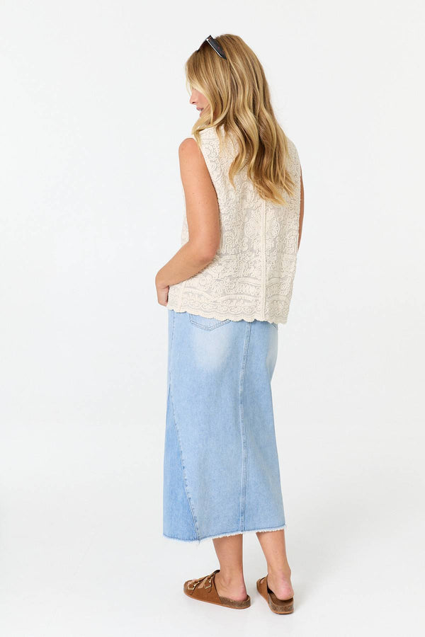 Ivory | Embroidered Texture Tie Front Vest Top