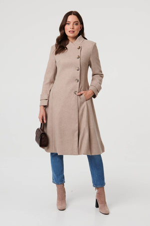 Beige | Button Front Funnel Neck Coat
