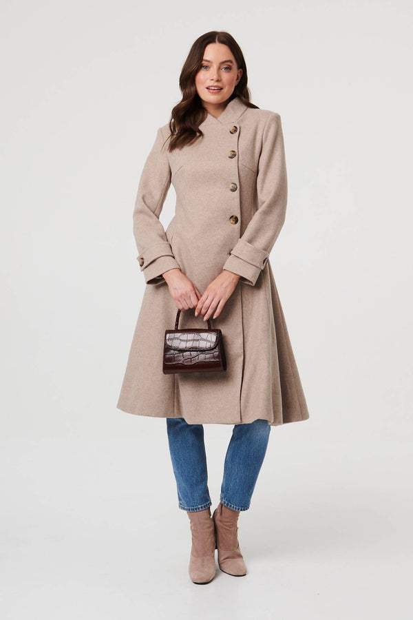 Beige | Button Front Funnel Neck Coat
