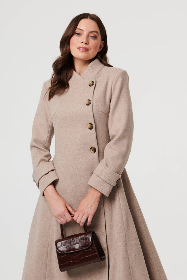 Beige | Button Front Funnel Neck Coat
