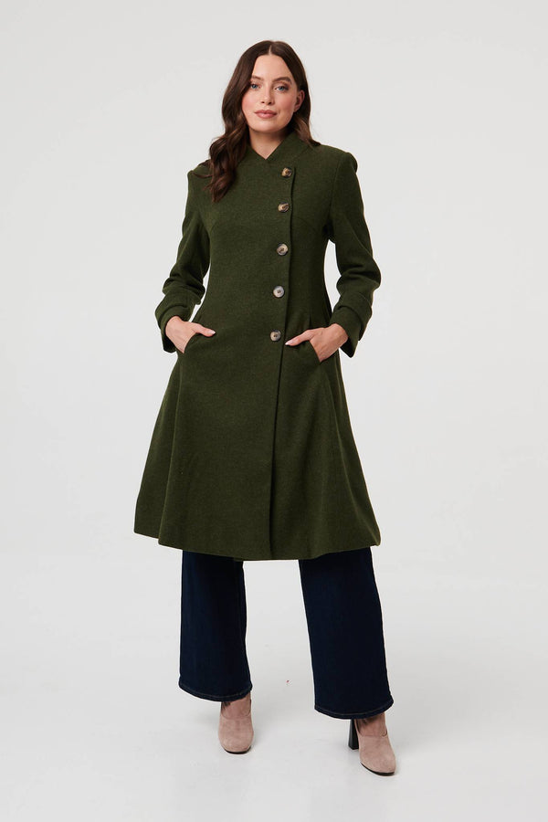 Khaki | Button Front Funnel Neck Coat
