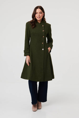 Khaki | Button Front Funnel Neck Coat : Model is 5'9