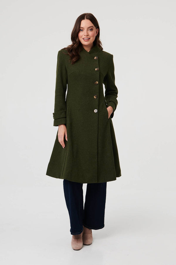 Khaki | Button Front Funnel Neck Coat
