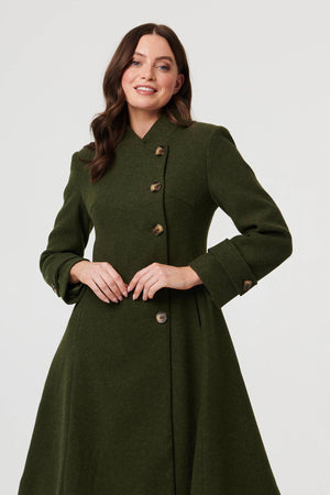 Khaki | Button Front Funnel Neck Coat
