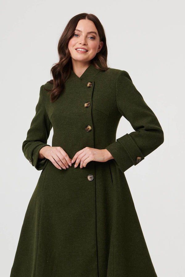 Khaki | Button Front Funnel Neck Coat

