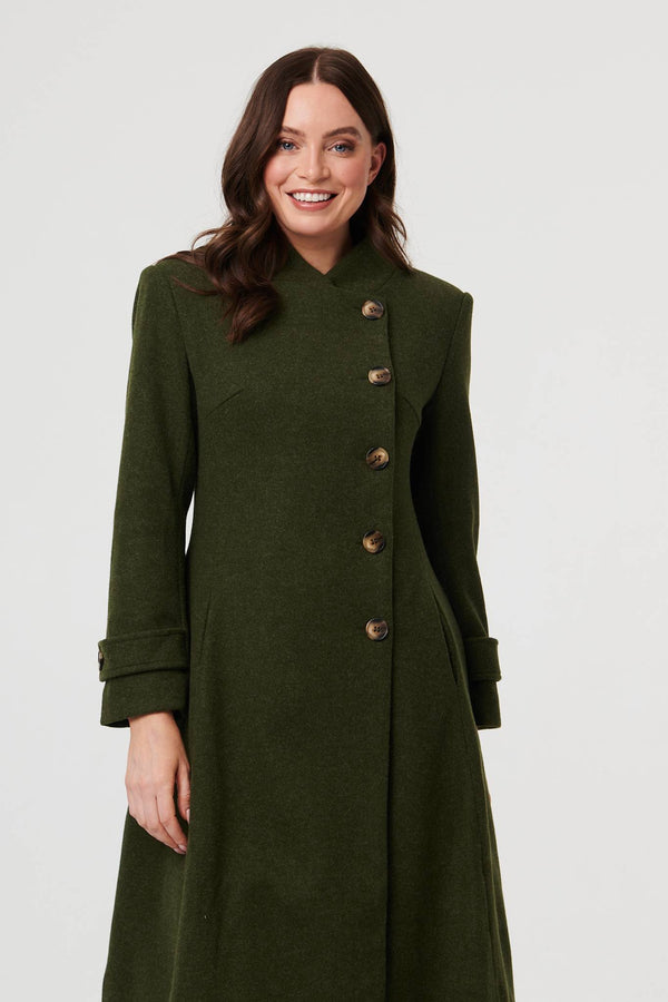 Khaki | Button Front Funnel Neck Coat
