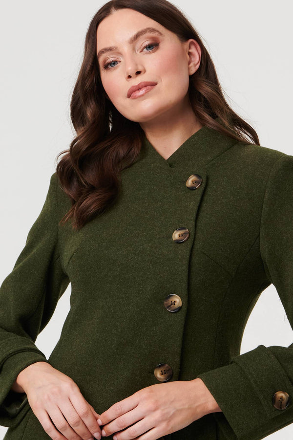 Khaki | Button Front Funnel Neck Coat
