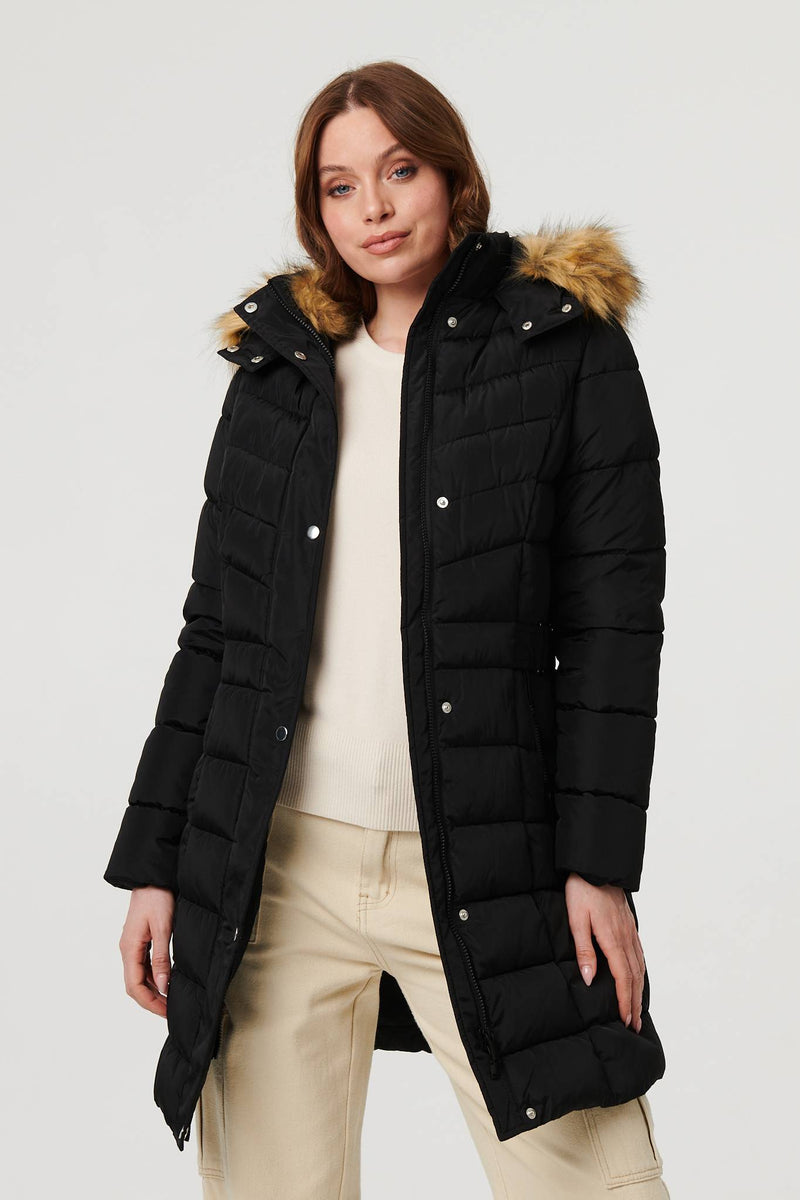 Hooded Faux Fur Trim Longline Jacket