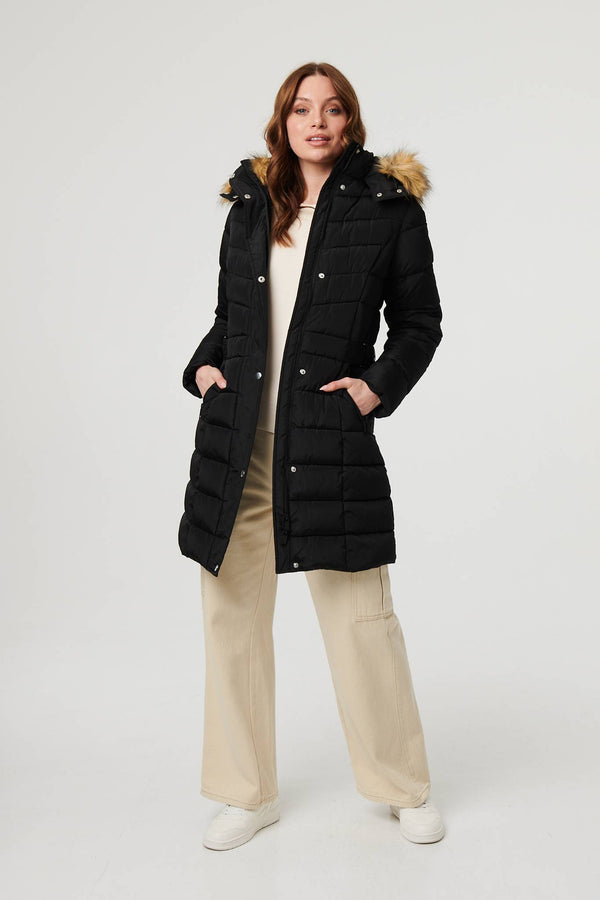 Black | Hooded Faux Fur Trim Longline Jacket
