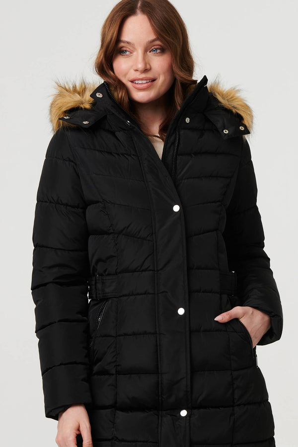 Black | Hooded Faux Fur Trim Longline Jacket
