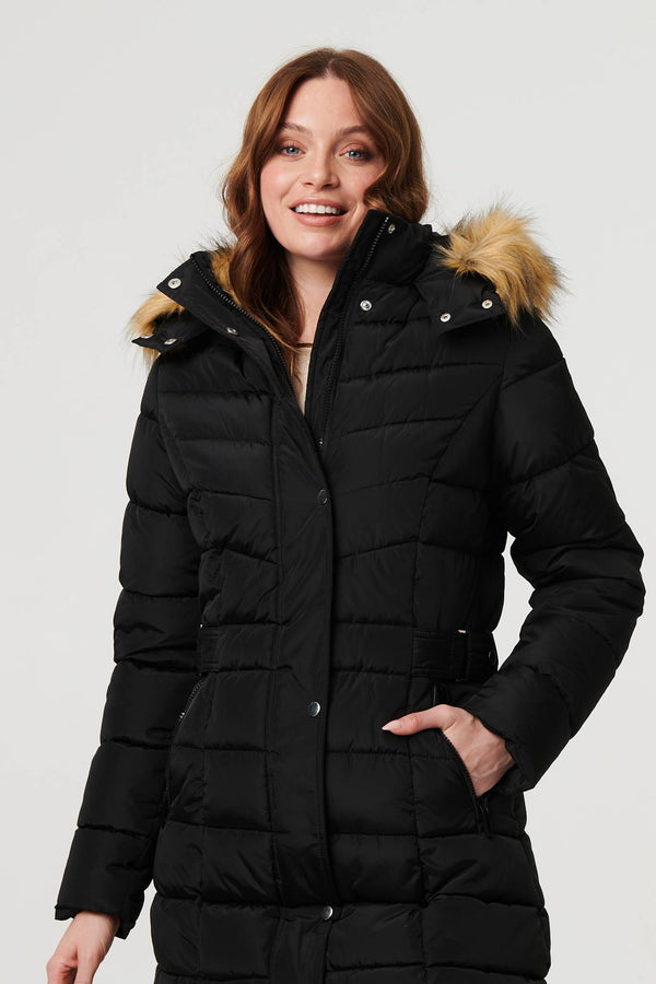 Black | Hooded Faux Fur Trim Longline Jacket

