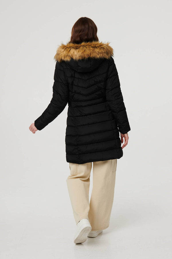 Black | Hooded Faux Fur Trim Longline Jacket
