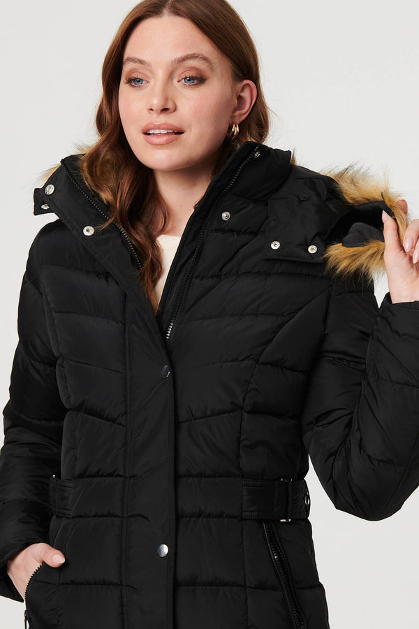 Black | Hooded Faux Fur Trim Longline Jacket
