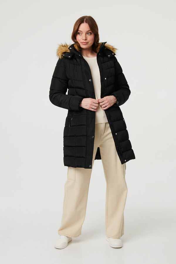 Black | Hooded Faux Fur Trim Longline Jacket
