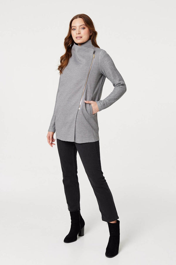 Grey | Asymmetric Ribbed Sleeve Coat