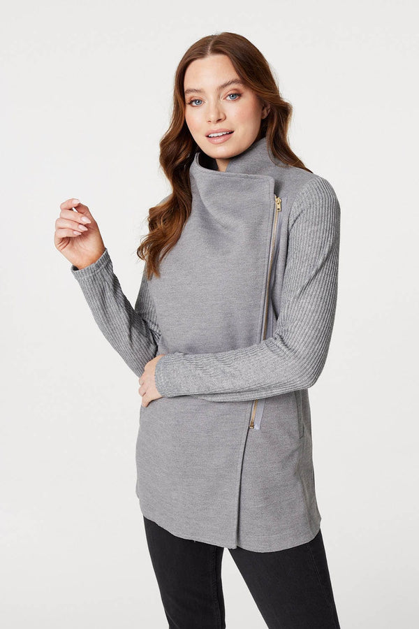 Grey | Asymmetric Ribbed Sleeve Coat
