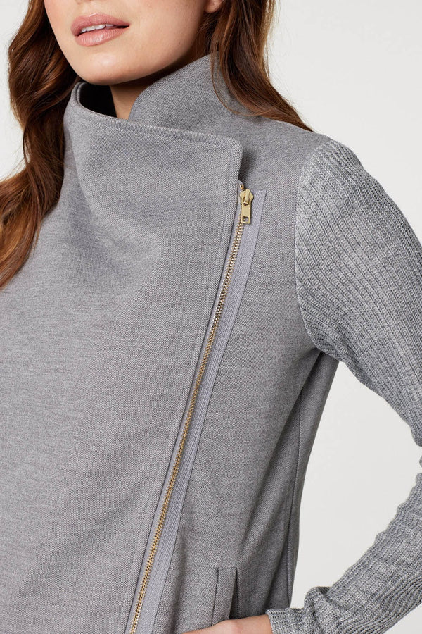 Grey | Asymmetric Ribbed Sleeve Coat