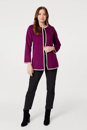Purple | Blanket Stitch Open Front Coat