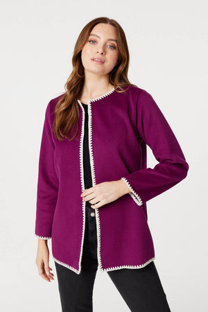 Purple | Blanket Stitch Open Front Coat