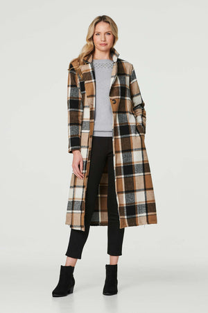 Beige | Checked Longline Tailored Coat : Model is 5'10"/178 cm and wears UK10/EU38/US6/AUS10