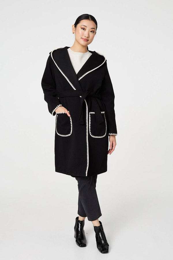 Black | Blanket Stitch Tie Waist Longline Coat
