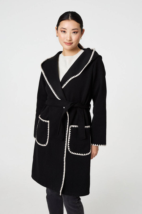 Black | Blanket Stitch Tie Waist Longline Coat