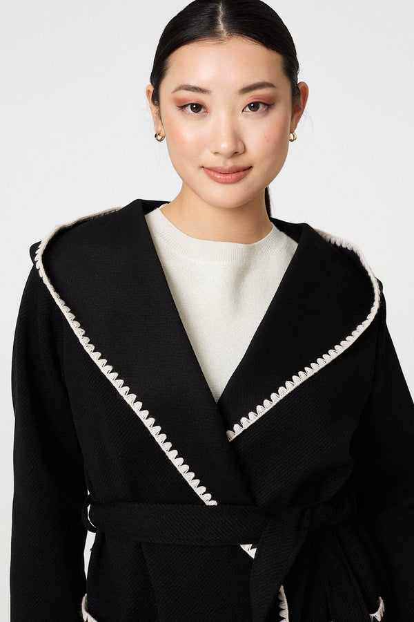 Black | Blanket Stitch Tie Waist Longline Coat
