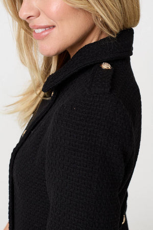 Black | Textured Knit Button Front Trench Coat

