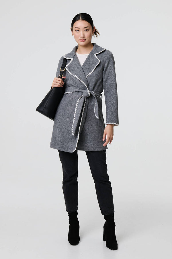 Grey | Blanket Stitch Coat with Belt