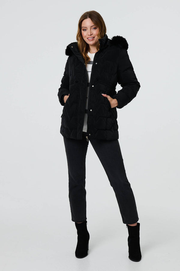 Black | Faux Fur Padded Zip-Up Hooded Jacket
