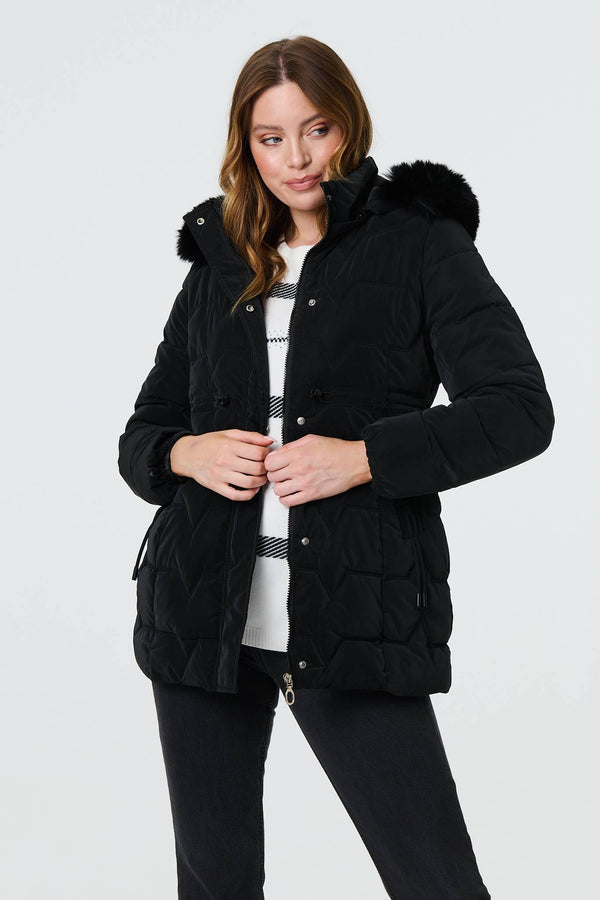 Black | Faux Fur Padded Zip-Up Hooded Jacket
