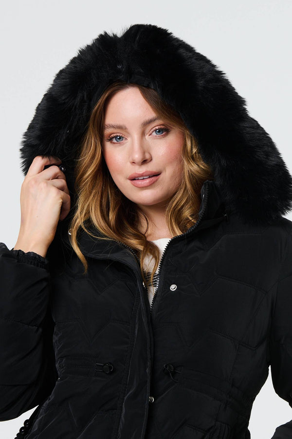 Black | Faux Fur Padded Zip-Up Hooded Jacket
