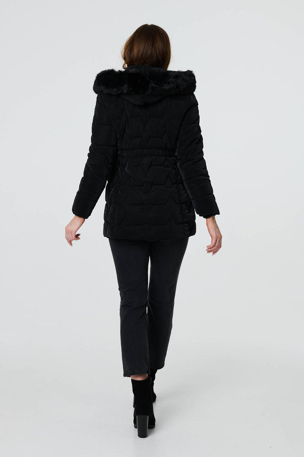 Black | Faux Fur Padded Zip-Up Hooded Jacket
