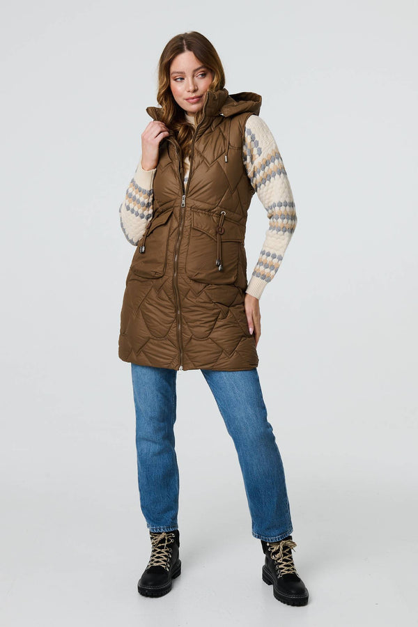 Beige | Padded Sleeveless Hooded Longline Gilet
