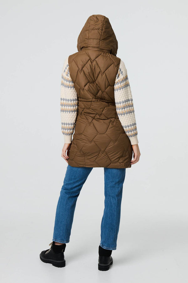Beige | Padded Sleeveless Hooded Longline Gilet
