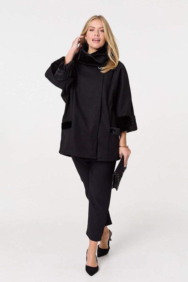 Black | Faux Fur Trim 3/4 Sleeve Cape Coat