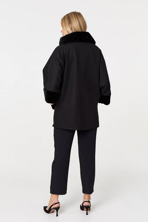 Black | Faux Fur Trim 3/4 Sleeve Cape Coat