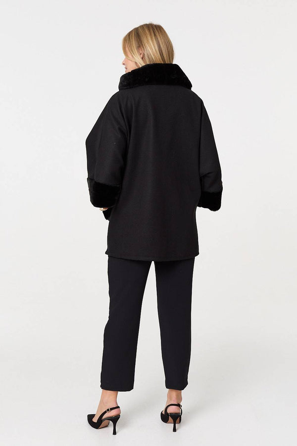 Black | Faux Fur Trim 3/4 Sleeve Cape Coat