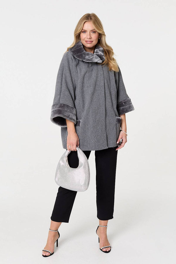 Grey | Faux Fur Trim 3/4 Sleeve Cape Coat