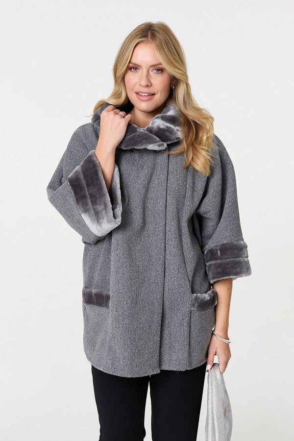 Grey | Faux Fur Trim 3/4 Sleeve Cape Coat