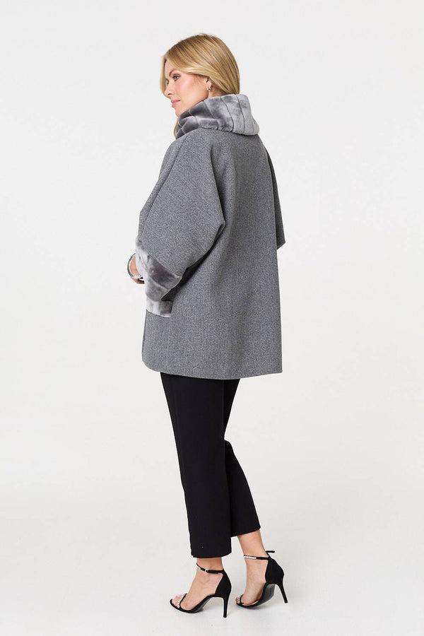 Grey | Faux Fur Trim 3/4 Sleeve Cape Coat