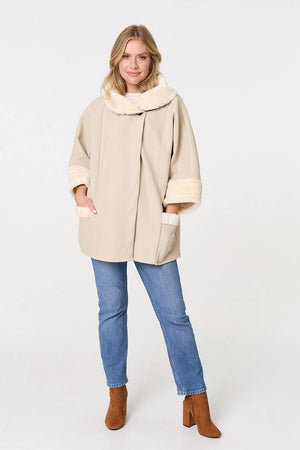 Cream | Faux Fur Trim 3/4 Sleeve Cape Coat
