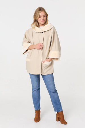 Cream | Faux Fur Trim 3/4 Sleeve Cape Coat
