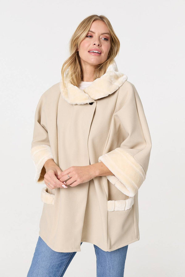 Cream | Faux Fur Trim 3/4 Sleeve Cape Coat
