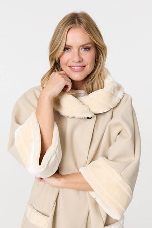 Cream | Faux Fur Trim 3/4 Sleeve Cape Coat
