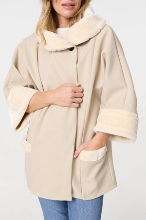 Cream | Faux Fur Trim 3/4 Sleeve Cape Coat
