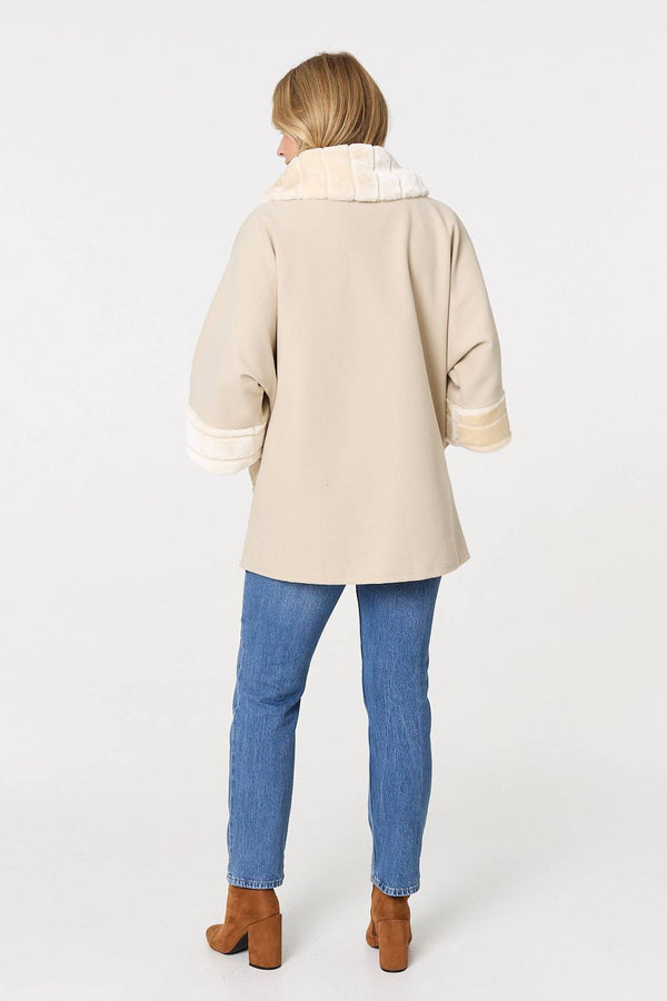 Cream | Faux Fur Trim 3/4 Sleeve Cape Coat

