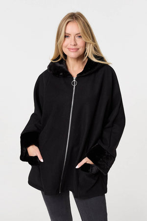 Black | Faux Fur Trim Zip-Up Relaxed Jacket : Model is 5'10